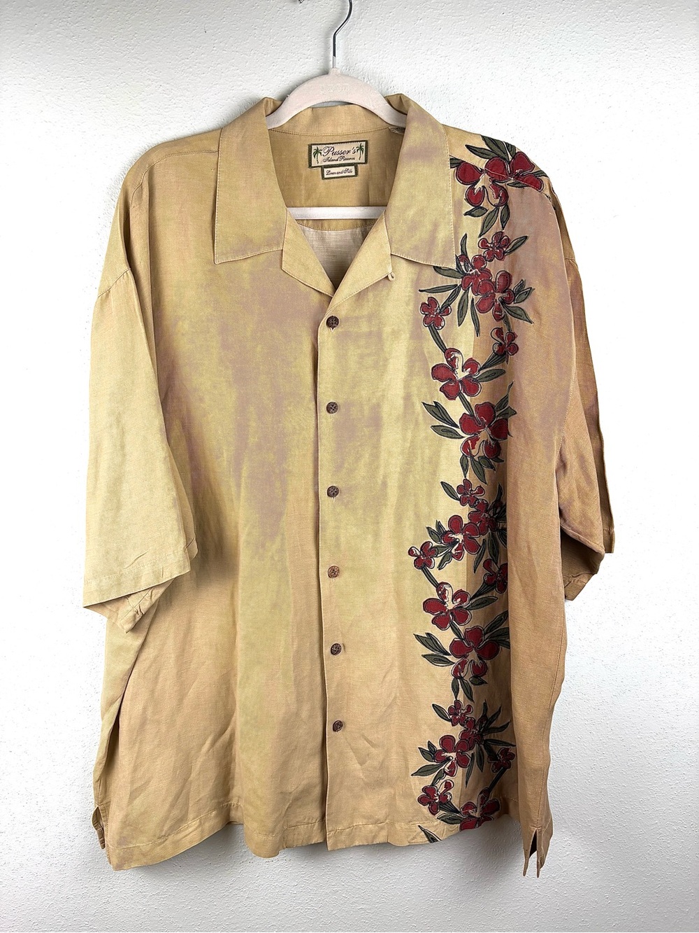 Pusser’s Silk/Linen Tan Floral Hawaiian Shirt, Size XL